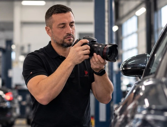 Sachverständiger fotografiert Fahrzeugschäden für das Unfallgutachten