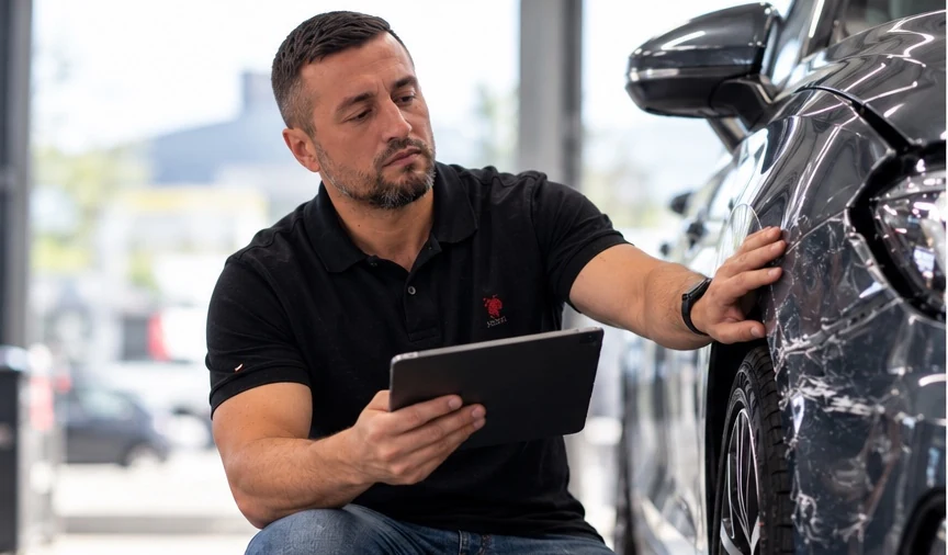 Sachverständiger prüft einen Karosserieschaden mit einem Tablet